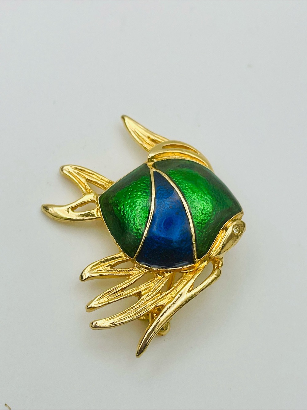 Gold-Tone Green & Blue Enamel Fish Brooch w/ a Rhinestone eye - Women Jewelry